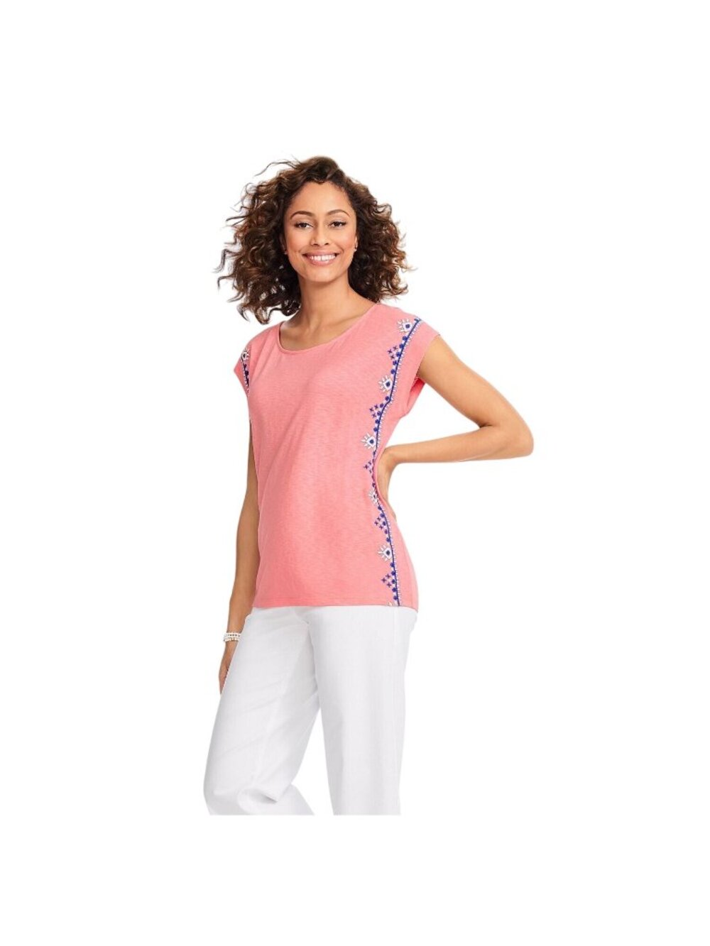 Talbots Top Large Side Ikat Embroidered Short Sleeve Tee Pink Blue Feminine Boho